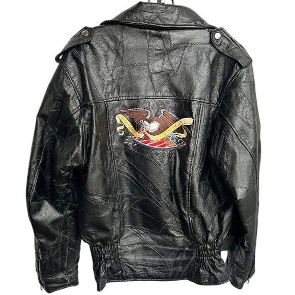Vintage Patchwork‎ Black Leather Embroidered Eagle Moto Jacket Size Small